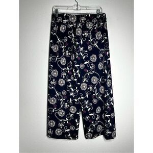 Ashley Blue Elastic Waist Boho Casual Pant Floral Print Size XL Navy Blue White